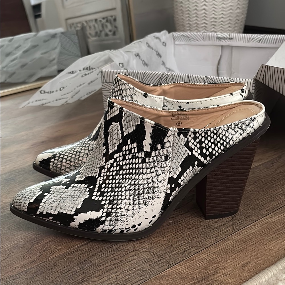Chase + Chloe Black and White Mules with Snakeskin Pattern